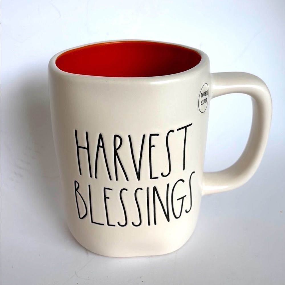 NEW Rae Dunn Harvest Blessings Orange Interior Double Sided Coffee Mug Cup